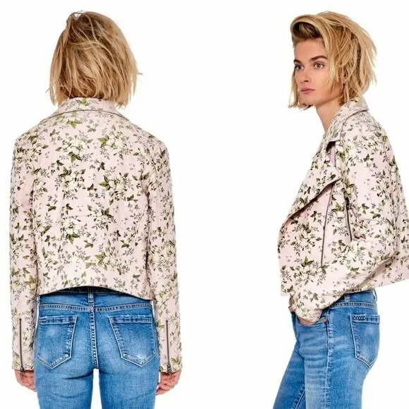 Blank NYC Pink Jacquard Floral Moto Jacket Size Small